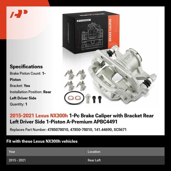 2015-2021 Lexus NX300h 1-Pc Brake Caliper with Bracket Rear Left Driver Side 1-Piston A-Premium APBC4491