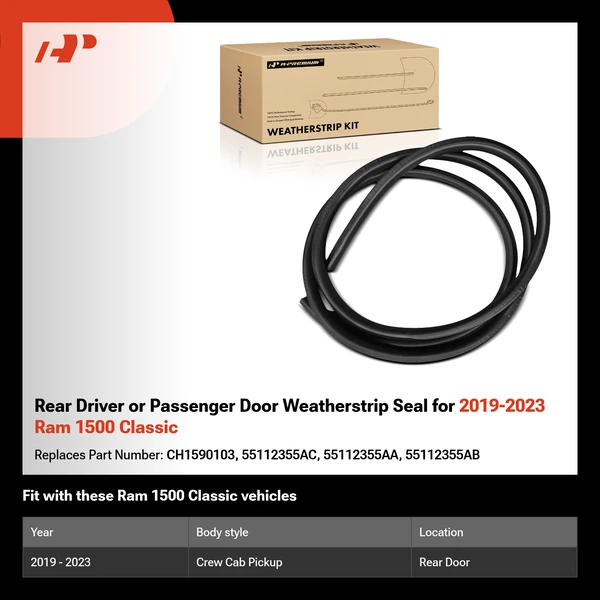 Rear Driver or Passenger Door Weatherstrip Seal for 2019-2023 Ram 1500 Classic