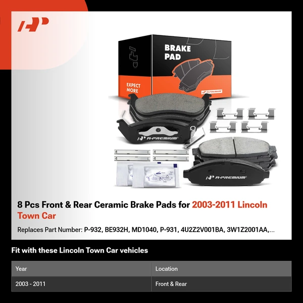 8 Pcs Front & Rear Ceramic Brake Pads for 2003-2011 Lincoln Town Car