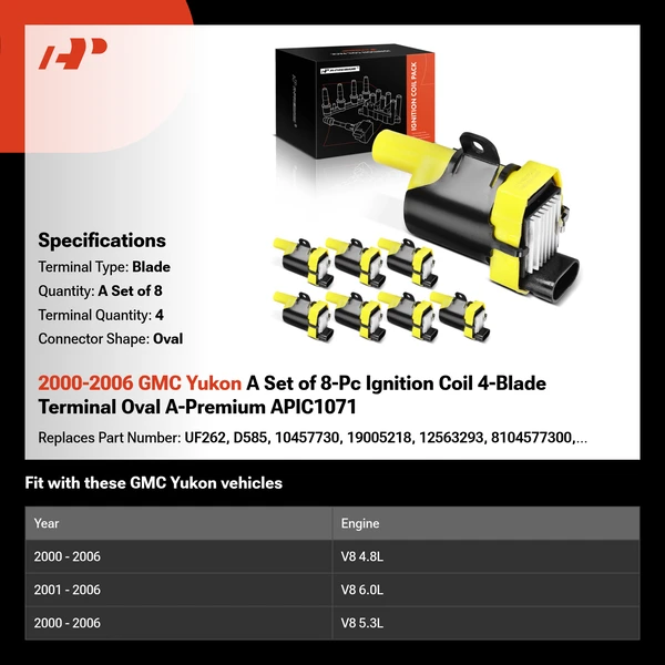2000-2006 GMC Yukon A Set of 8-Pc Ignition Coil 4-Blade Terminal Oval A-Premium APIC1071
