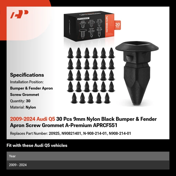 2009-2024 Audi Q5 30 Pcs 9mm Nylon Black Bumper & Fender Apron Screw Grommet A-Premium APRCF551