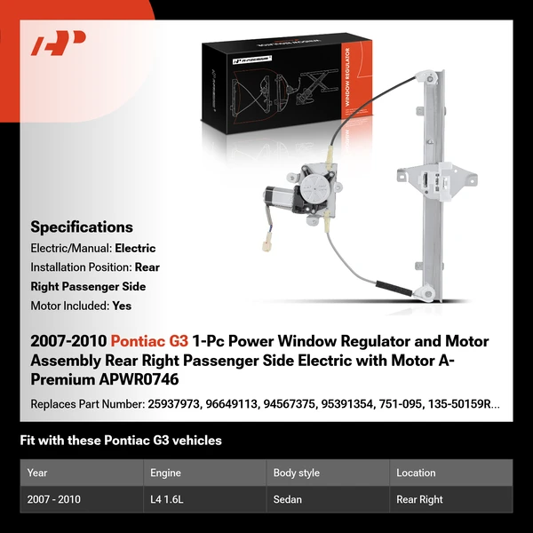 2007-2010 Pontiac G3 1-Pc Power Window Regulator and Motor Assembly Rear Right Passenger Side Electric with Motor A-Premium APWR0746