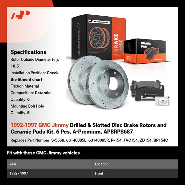1992-1997 GMC Jimmy Drilled & Slotted Disc Brake Rotors and Ceramic Pads Kit, 6 Pcs, A-Premium, APBRPS687