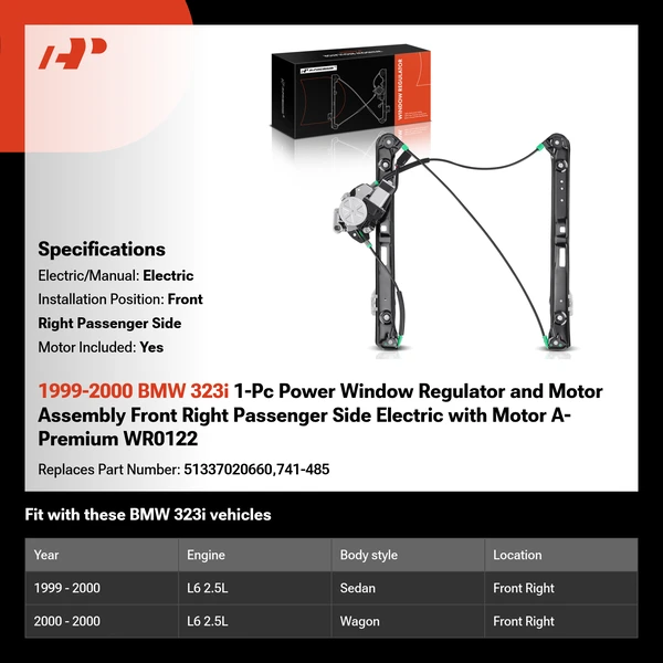 1999-2000 BMW 323i 1-Pc Power Window Regulator and Motor Assembly Front Right Passenger Side Electric with Motor A-Premium WR0122