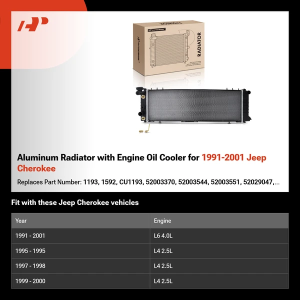 Aluminum Radiator with Engine Oil Cooler for 1991-2001 Jeep Cherokee