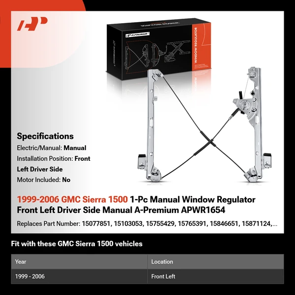1999-2006 GMC Sierra 1500 1-Pc Manual Window Regulator Front Left Driver Side Manual A-Premium APWR1654