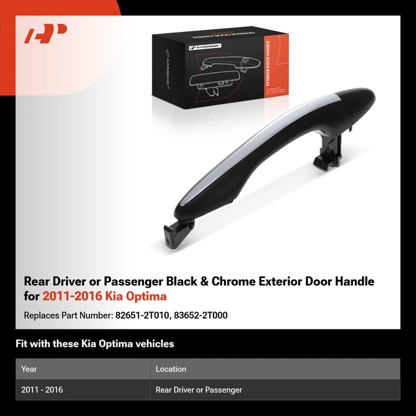 Rear Driver or Passenger Black & Chrome Exterior Door Handle for 2011-2016 Kia Optima