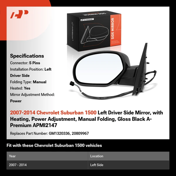 2007-2014 Chevrolet Suburban 1500 Left Driver Side Mirror, with Heating, Power Adjustment, Manual Folding, Gloss Black A-Premium APMI2147