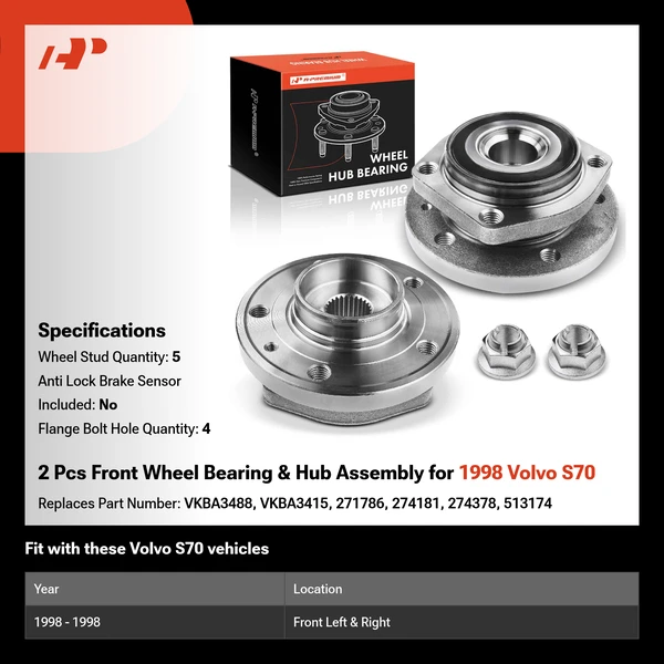 2 Pcs Front Wheel Bearing & Hub Assembly for 1998 Volvo S70