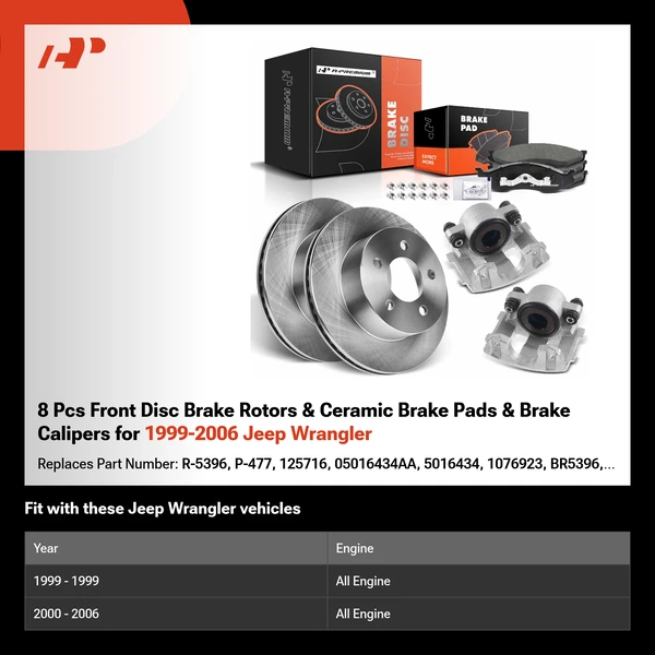 8 Pcs Front Disc Brake Rotors & Ceramic Brake Pads & Brake Calipers for 1999-2006 Jeep Wrangler