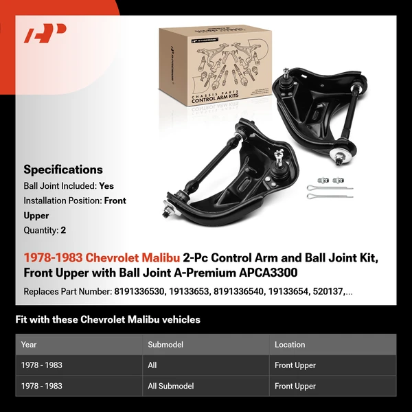 1978-1983 Chevrolet Malibu 2-Pc Control Arm and Ball Joint Kit, Front Upper with Ball Joint A-Premium APCA3300