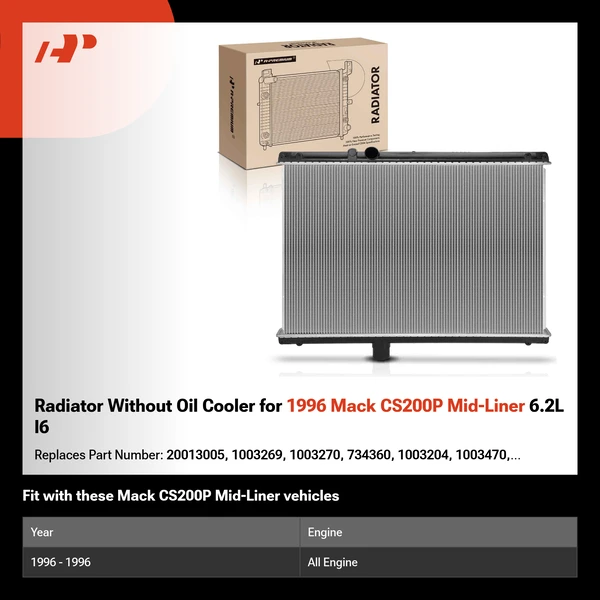 Radiator Without Oil Cooler for 1996 Mack CS200P Mid-Liner 6.2L l6