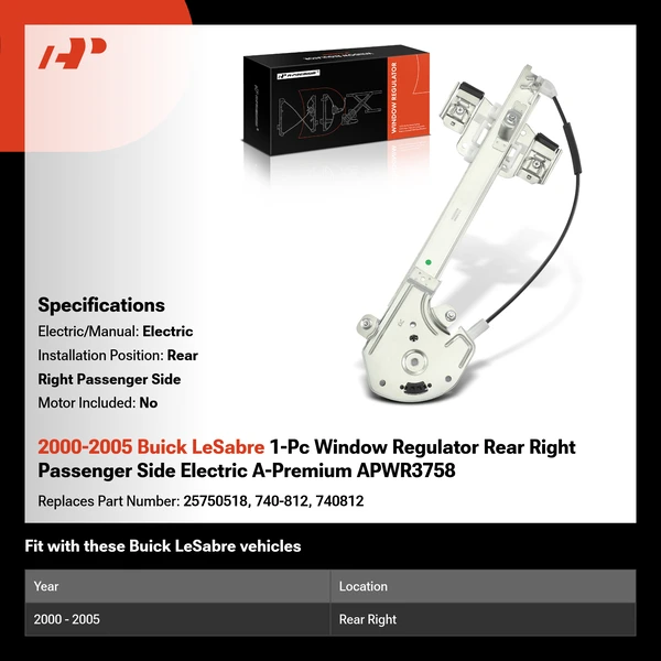 2000-2005 Buick LeSabre 1-Pc Window Regulator Rear Right Passenger Side Electric A-Premium APWR3758