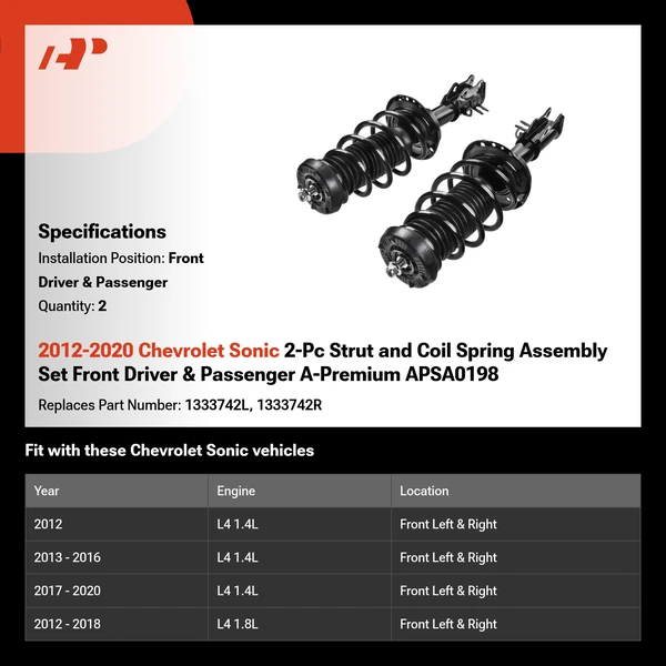 2012-2020 Chevrolet Sonic 2-Pc Strut and Coil Spring Assembly Set Front Driver & Passenger A-Premium APSA0198