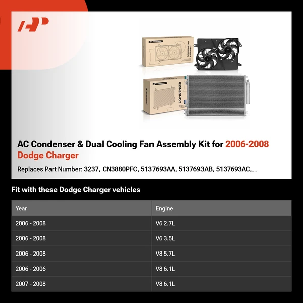 AC Condenser & Dual Cooling Fan Assembly Kit for 2006-2008 Dodge Charger