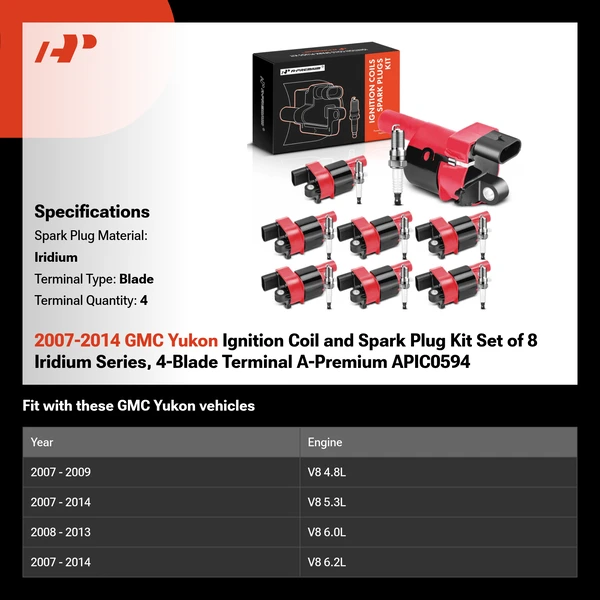 2007-2014 GMC Yukon Ignition Coil and Spark Plug Kit Set of 8 Iridium Series, 4-Blade Terminal A-Premium APIC0594