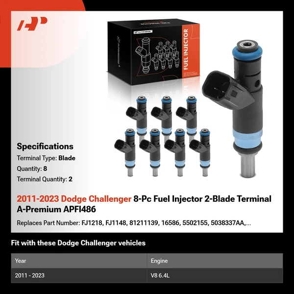 2011-2023 Dodge Challenger 8-Pc Fuel Injector 2-Blade Terminal A-Premium APFI486