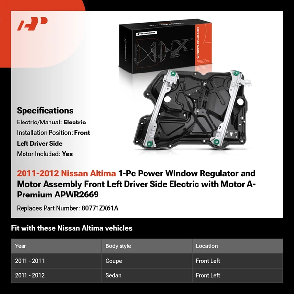 2011-2012 Nissan Altima 1-Pc Power Window Regulator and Motor Assembly Front Left Driver Side Electric with Motor A-Premium APWR2669