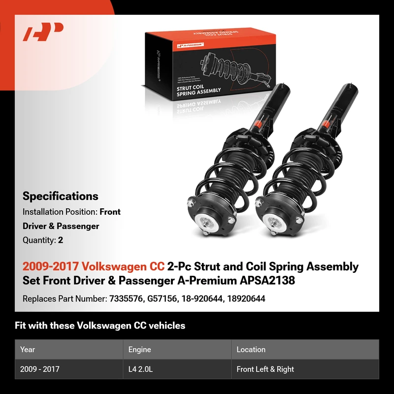 2009-2017 Volkswagen CC 2-Pc Strut and Coil Spring Assembly Set Front Driver & Passenger A-Premium APSA2138