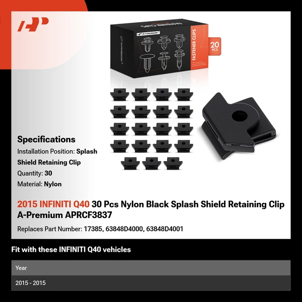 2015 INFINITI Q40 30 Pcs Nylon Black Splash Shield Retaining Clip A-Premium APRCF3837