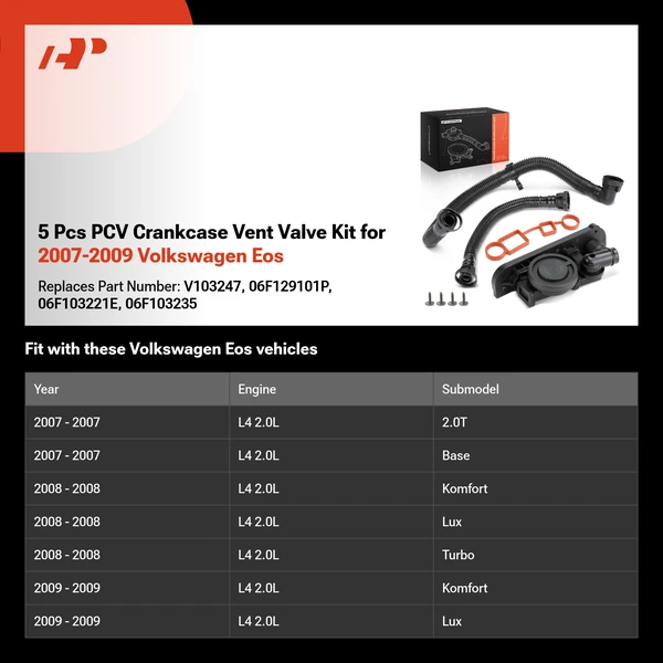 5 Pcs PCV Crankcase Vent Valve Kit for 2007-2009 Volkswagen Eos