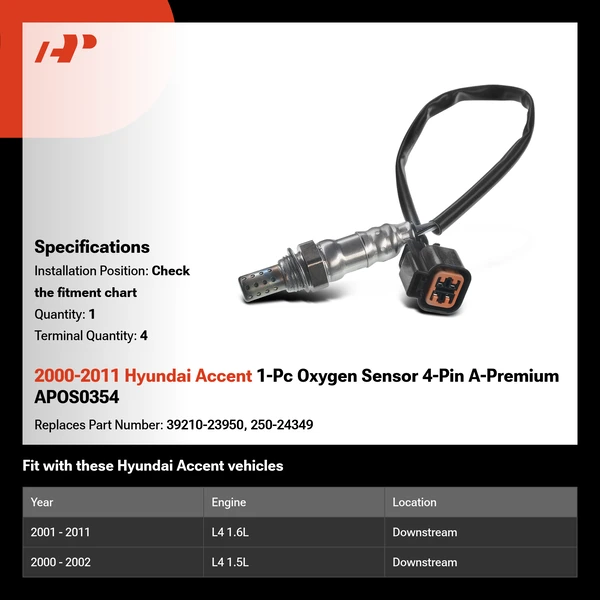 2000-2011 Hyundai Accent 1-Pc Oxygen Sensor 4-Pin A-Premium APOS0354
