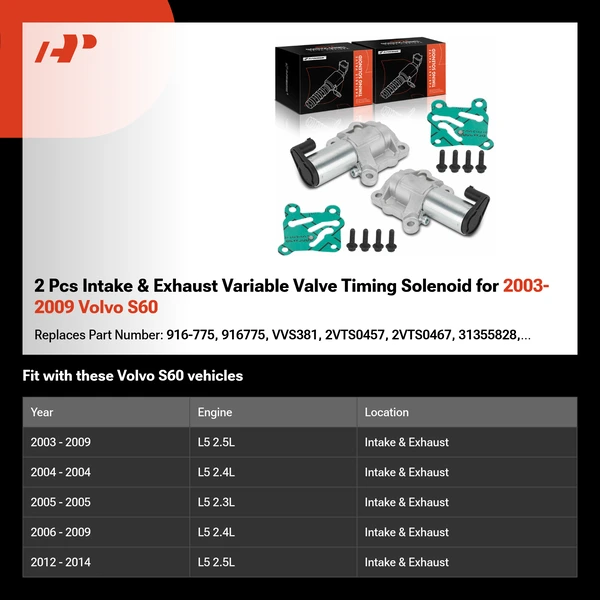 2 Pcs Intake & Exhaust Variable Valve Timing Solenoid for 2003-2009 Volvo S60