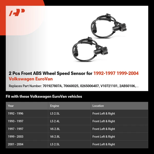 2 Pcs Front ABS Wheel Speed Sensor for 1992-1997 1999-2004 Volkswagen EuroVan