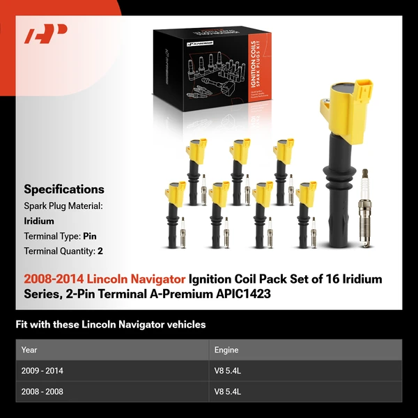 2008-2014 Lincoln Navigator Ignition Coil Pack Set of 16 Iridium Series, 2-Pin Terminal A-Premium APIC1423