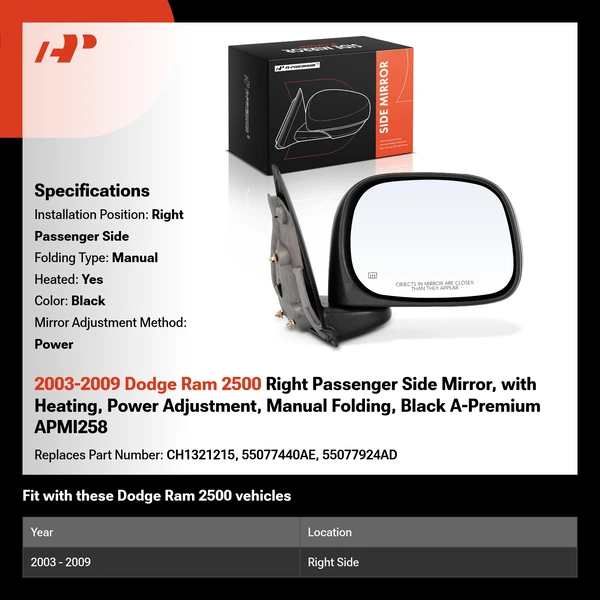 2003-2009 Dodge Ram 2500 Right Passenger Side Mirror, with Heating, Power Adjustment, Manual Folding, Black A-Premium APMI258