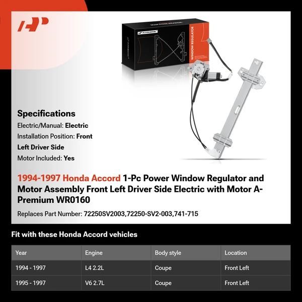 1994-1997 Honda Accord 1-Pc Power Window Regulator and Motor Assembly Front Left Driver Side Electric with Motor A-Premium WR0160