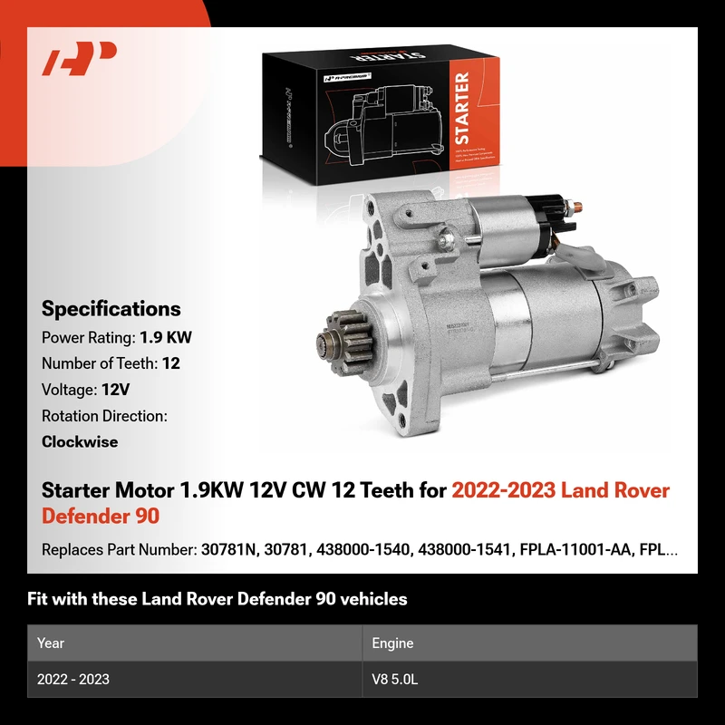Starter Motor 1.9KW 12V CW 12 Teeth for 2022-2023 Land Rover Defender 90