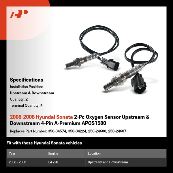 2006-2008 Hyundai Sonata 2-Pc Oxygen Sensor Upstream & Downstream 4-Pin A-Premium APOS1580