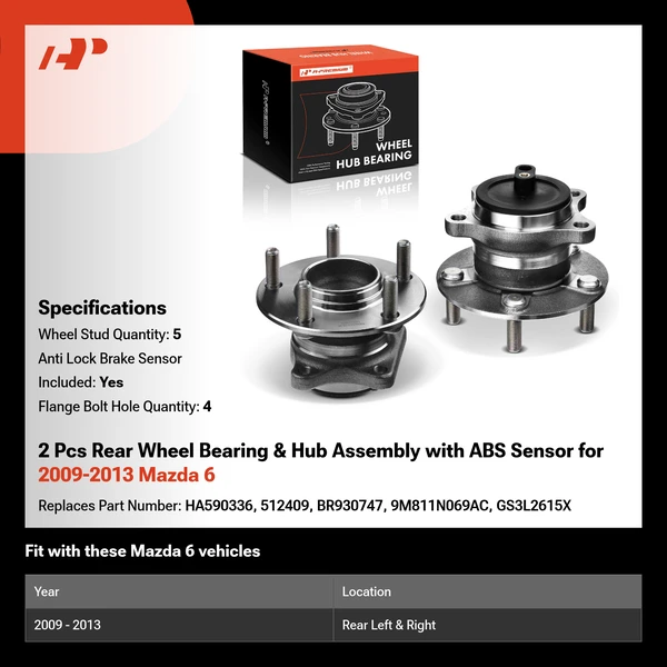 2 Pcs Rear Wheel Bearing & Hub Assembly with ABS Sensor for 2009-2013 Mazda 6