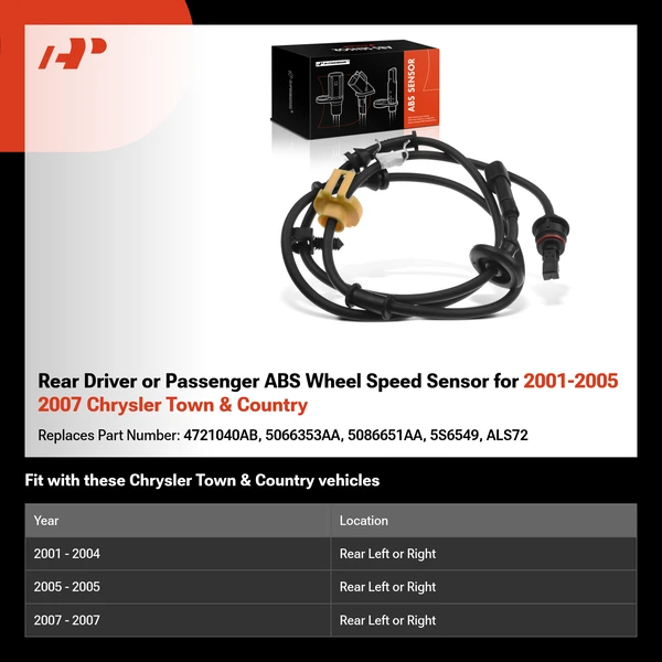 Rear Driver or Passenger ABS Wheel Speed Sensor for 2001-2005 2007 Chrysler Town & Country