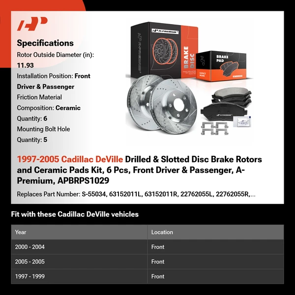 1997-2005 Cadillac DeVille Drilled & Slotted Disc Brake Rotors and Ceramic Pads Kit, 6 Pcs, Front Driver & Passenger, A-Premium, APBRPS1029