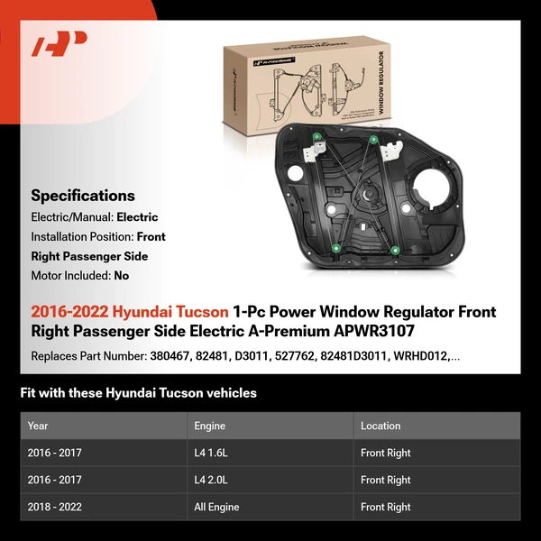2016-2022 Hyundai Tucson 1-Pc Power Window Regulator Front Right Passenger Side Electric A-Premium APWR3107