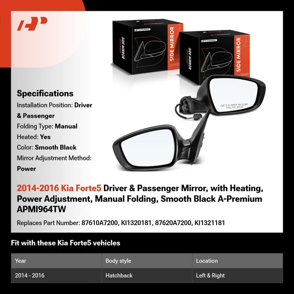 2014-2016 Kia Forte5 Driver & Passenger Mirror, with Heating, Power Adjustment, Manual Folding, Smooth Black A-Premium APMI964TW