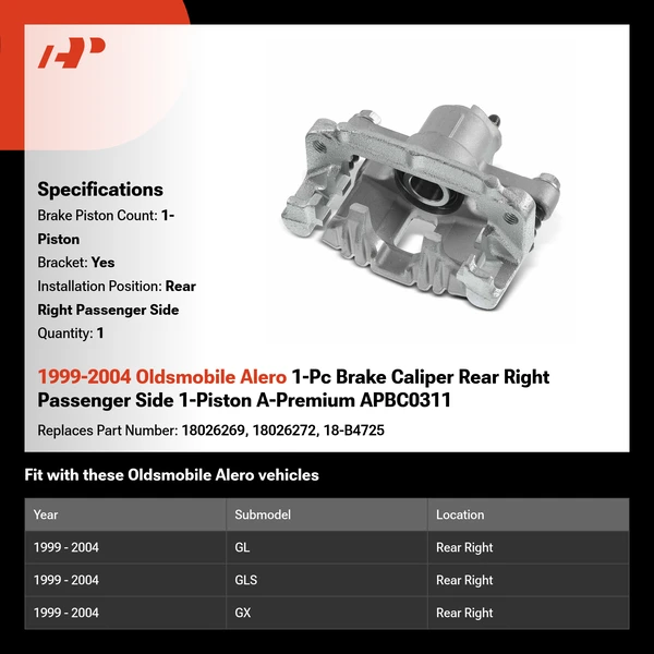 1999-2004 Oldsmobile Alero 1-Pc Brake Caliper Rear Right Passenger Side 1-Piston A-Premium APBC0311