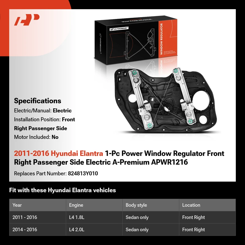 2011-2016 Hyundai Elantra 1-Pc Power Window Regulator Front Right Passenger Side Electric A-Premium APWR1216