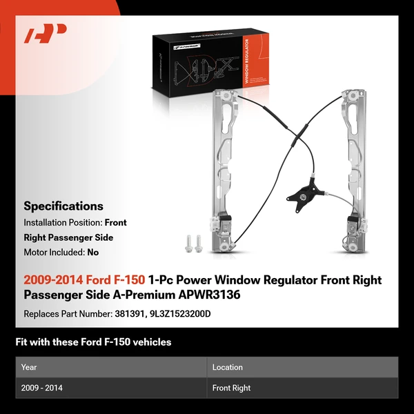2009-2014 Ford F-150 1-Pc Power Window Regulator Front Right Passenger Side A-Premium APWR3136