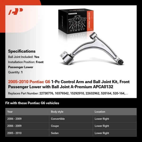 2005-2010 Pontiac G6 1-Pc Control Arm and Ball Joint Kit, Front Passenger Lower with Ball Joint A-Premium APCA0132