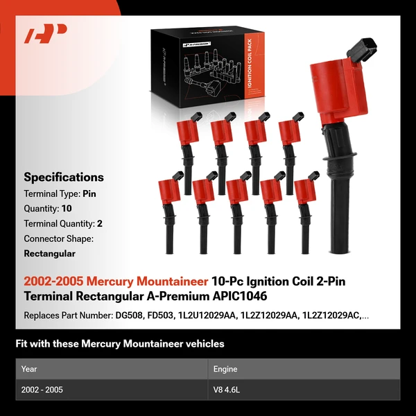 2002-2005 Mercury Mountaineer A Set of 10-Pc Ignition Coil 2-Blade Terminal Rectangular A-Premium APIC1046