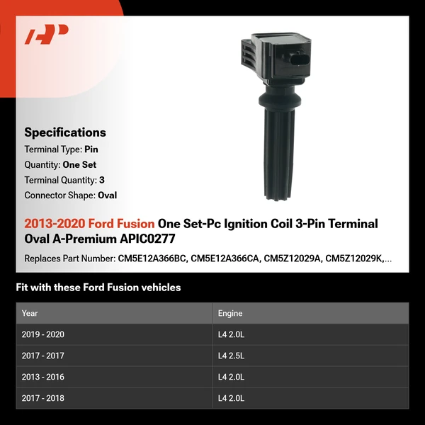2013-2020 Ford Fusion One Set-Pc Ignition Coil 3-Pin Terminal Oval A-Premium APIC0277