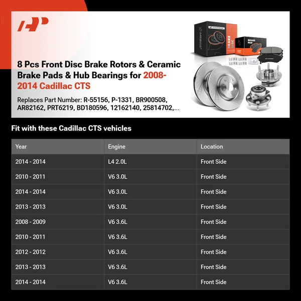 8 Pcs Front Disc Brake Rotors & Ceramic Brake Pads & Hub Bearings for 2008-2014 Cadillac CTS