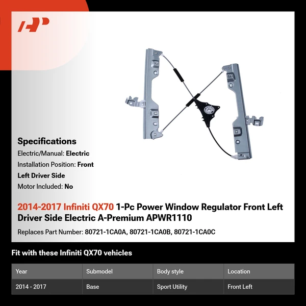 2014-2017 Infiniti QX70 1-Pc Power Window Regulator Front Left Driver Side Electric A-Premium APWR1110