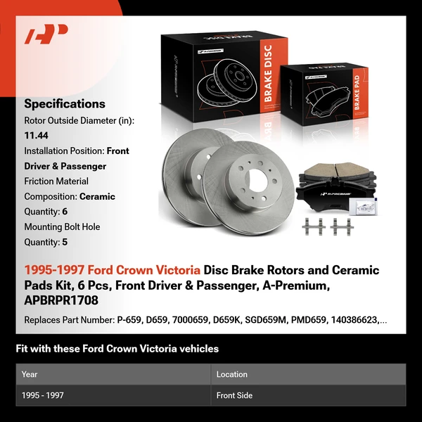 1995-1997 Ford Crown Victoria Disc Brake Rotors and Ceramic Pads Kit, 6 Pcs, Front Driver & Passenger, A-Premium, APBRPR1708
