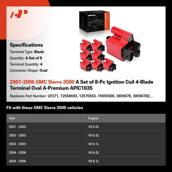 2001-2006 GMC Sierra 3500 A Set of 8-Pc Ignition Coil 4-Blade Terminal Oval A-Premium APIC1035