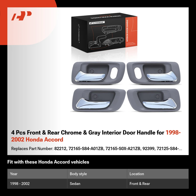 4 Pcs Front & Rear Chrome & Gray Interior Door Handle for 1998-2002 Honda Accord