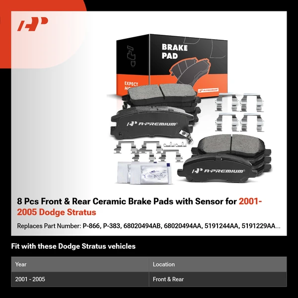 8 Pcs Front & Rear Ceramic Brake Pads with Sensor for 2001-2005 Dodge Stratus